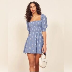 REFORMATION ELLE SUZETTE BLUE FLORAL MINI DRESS SIZE 0